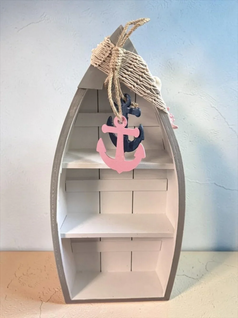 Nautical-Themed Wooden Boat Display Shelf With Anchors & Netting Decoration
